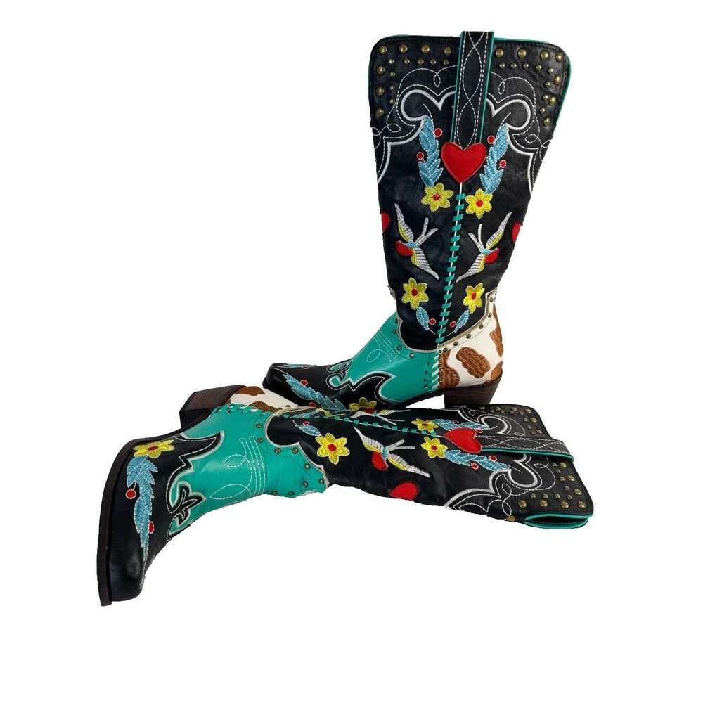 Embroidered Turquoise Cowhide Floral Snip Toe Western Cowgirl Boots Sz37 US 6.5